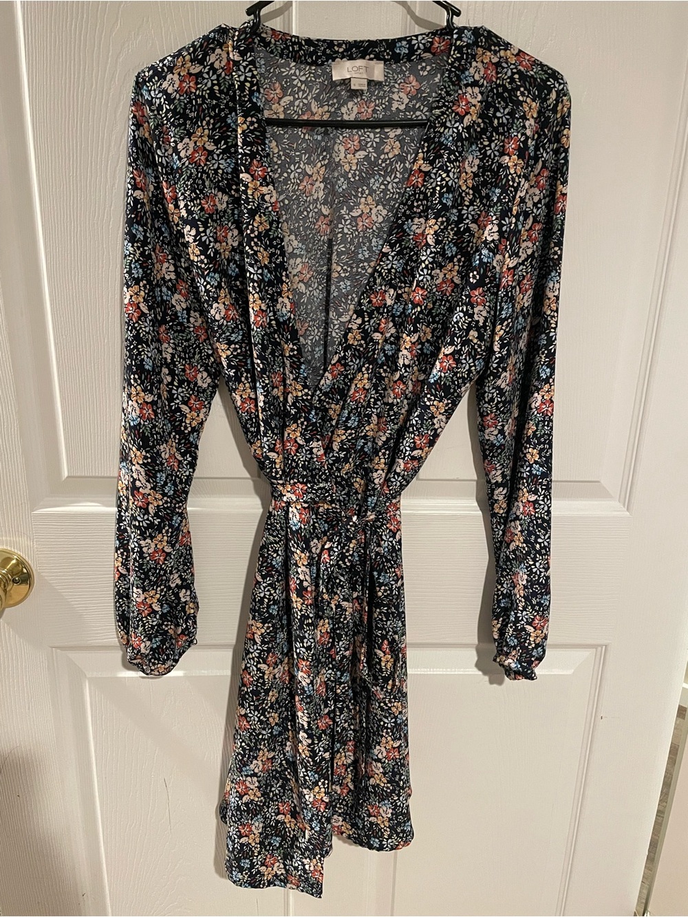 LOFT Navy Floral Wrap-Style Dress with Pink and Cream Blooms